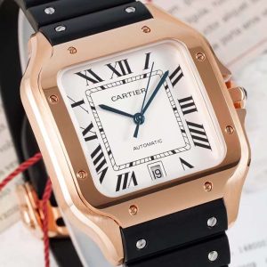 AF Cartier Santos Mechanical Large Series Movement: 9015 Automatic Mechanical Case Dimensions: 39.8 x 47.5 mm Dial:Sunburst white dial, sword-shaped blued steel hands, Roman numeral hour markers. Crystal: Scratch-resistant sapphire crystal. Crown: Stainless steel set with a faceted synthetic spinel. Case: Rose gold with diamonds, yellow gold with diamonds, stainless steel with diamonds.Strap: Stainless steel bracelet, silicone strap, quick-release leather strap, alligator leather strap. Functions: Time display, date display.